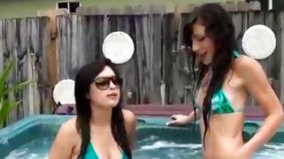 Aroused cuties playing in pool and having 2 men 1 beauty fuck with fellow